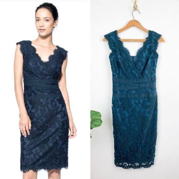 Tadashi Shoji Embroidered Lace Sheath Dress in Dark Teal Sz 0 - Picture 1 of 11